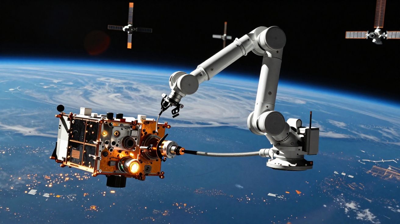 Braço robótico a manipular equipamento numa espaçonave em órbita com a Terra ao fundo.