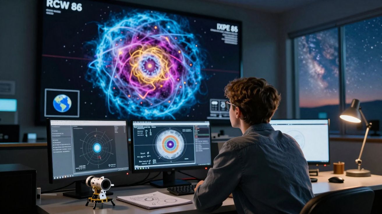 Jovem cientista a analisar dados astrofísicos em múltiplos ecrãs numa sala escura com vista para o céu estrelado.