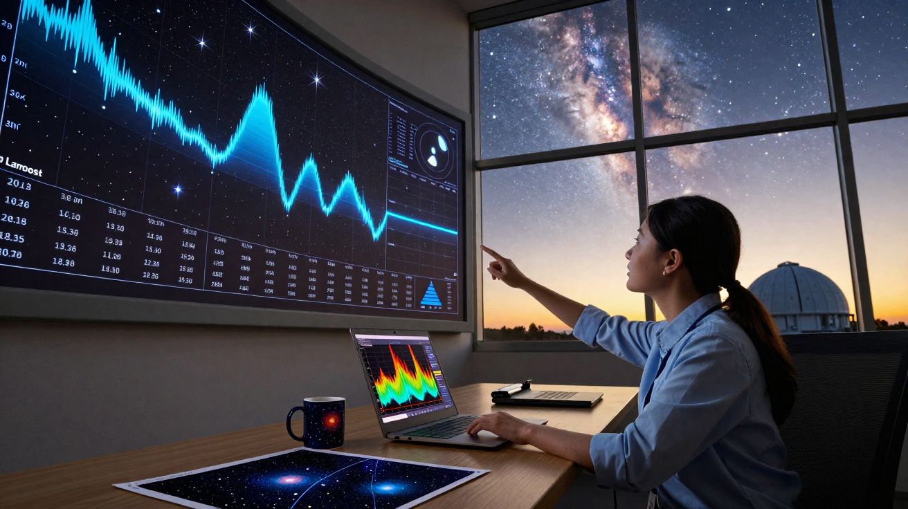 Mulher cientista analisa dados de gráficos de estrelas e galáxias numa sala com vista para o observatório noturno.