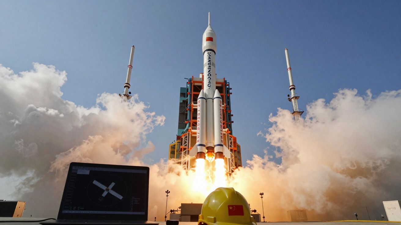Lançamento de um foguetão chinês com exaustão e muita fumaça, visto de frente com céu azul ao fundo.