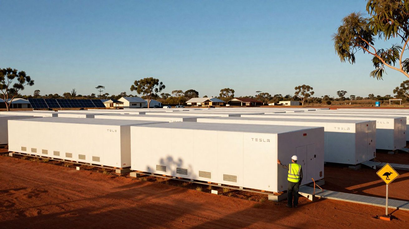 Grandes baterias Tesla brancas instaladas em terreno árido com homem de colete e capacete junto a elas.