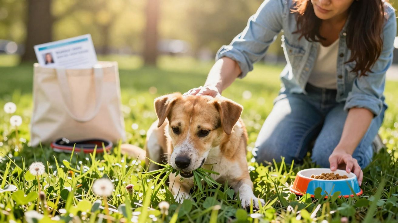 Mulher com cabelo comprido a dar comida e fazer festinhas a cão deitado na relva num parque ensolarado.