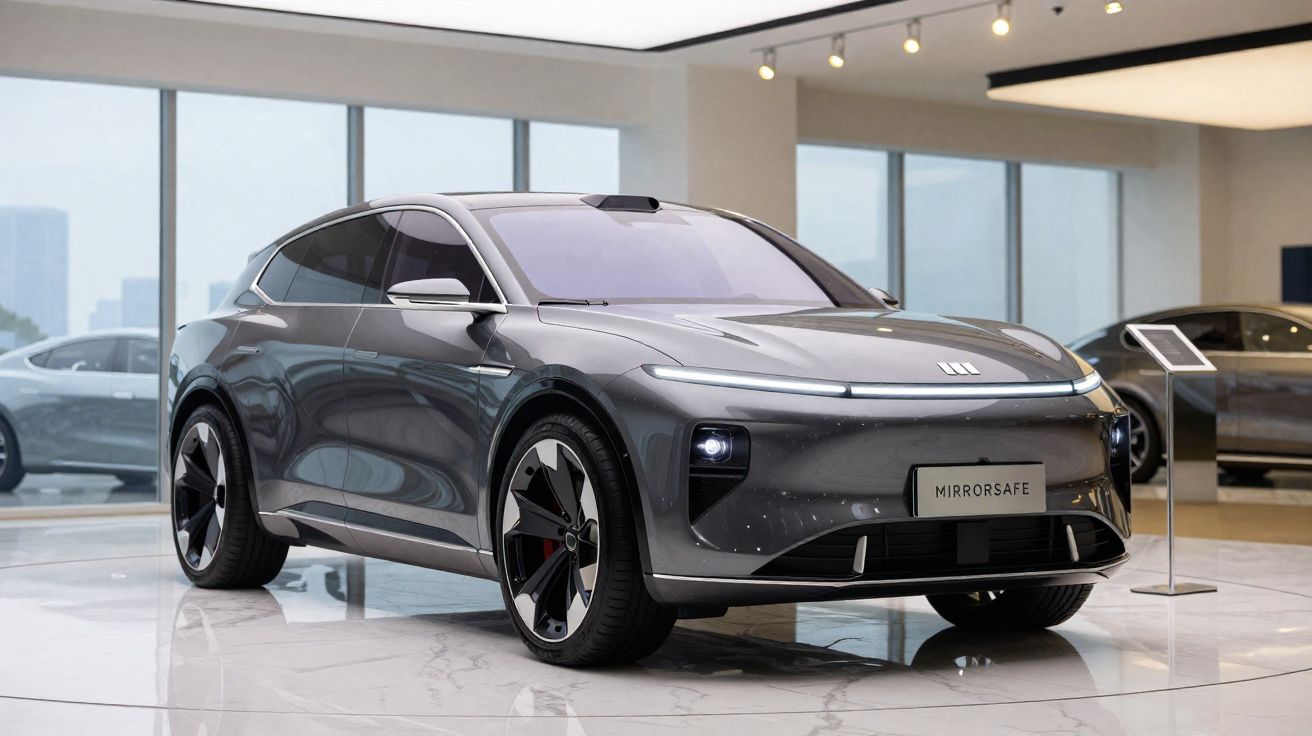 Carro elétrico cinzento moderno exposto numa sala com grandes janelas e piso em mármore branco.