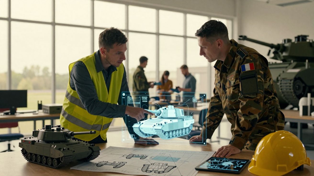 Homem em colete refletor e militar discutem projeto digital de tanque numa sala com modelos e plantas militares.