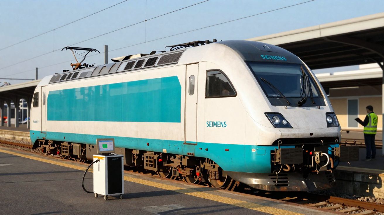 Comboio elétrico branco e azul da Siemens parado numa plataforma de estação ferroviária.