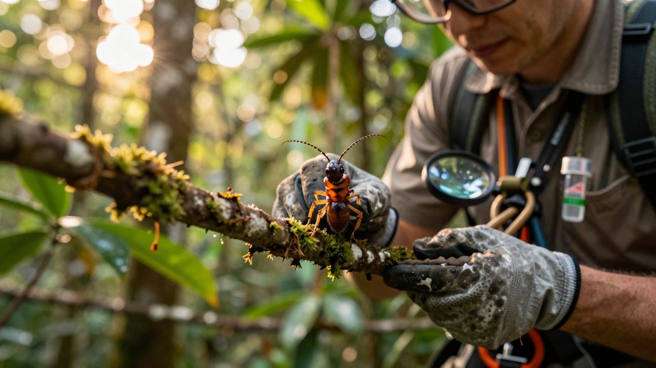 Cientista com luvas e lupa examina inseto grande laranja e preto num ramo na floresta.