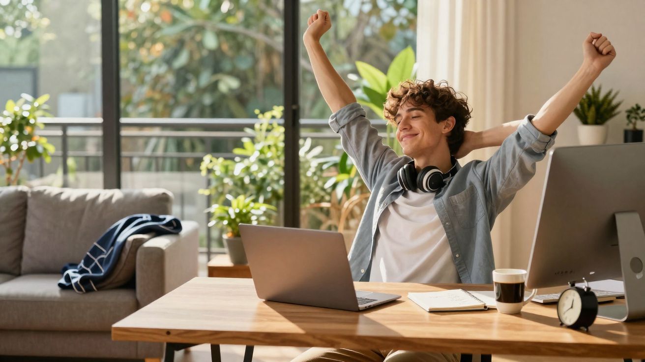 Jovem estica os braços sorrindo, sentado à mesa com laptop e headphones num ambiente iluminado e acolhedor.
