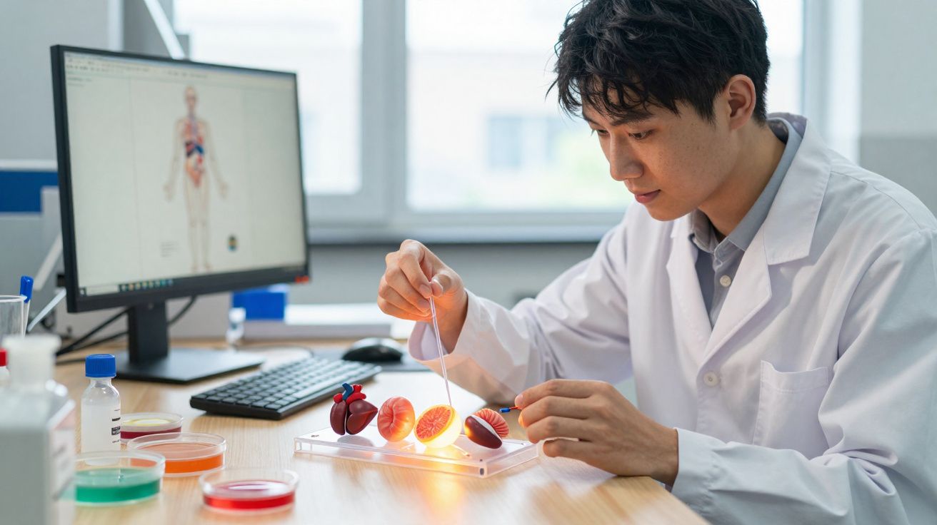 Cientista analisa modelos anatómicos do coração e rins numa bancada de laboratório com computador.