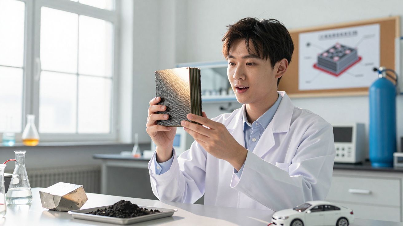 Homem em bata branca no laboratório a segurar bateria para análise, com amostras e miniatura de carro na mesa.