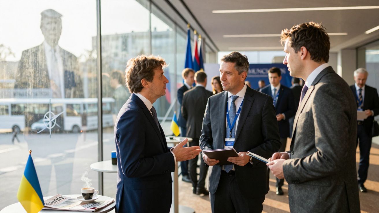 Três homens de fato conversam em conferência, com bandeira da Ucrânia e logótipo da NATO à janela.
