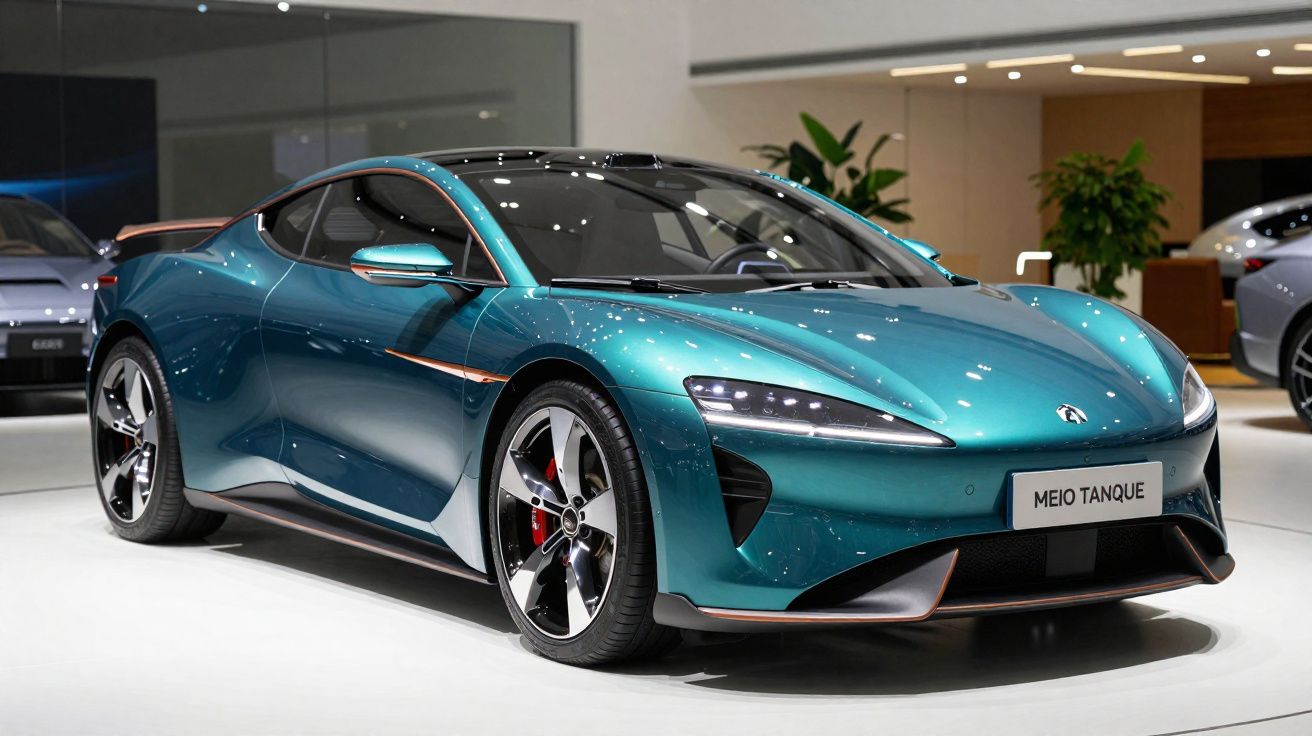 Carro desportivo elétrico azul metálico exposto numa sala moderna, com jantes prateadas e detalhes laranja.