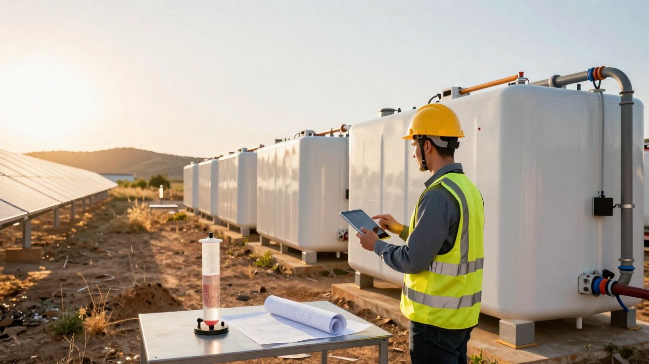 Técnico com colete e capacete analisa solar panel com prancheta numa central de energia solar ao pôr do sol.