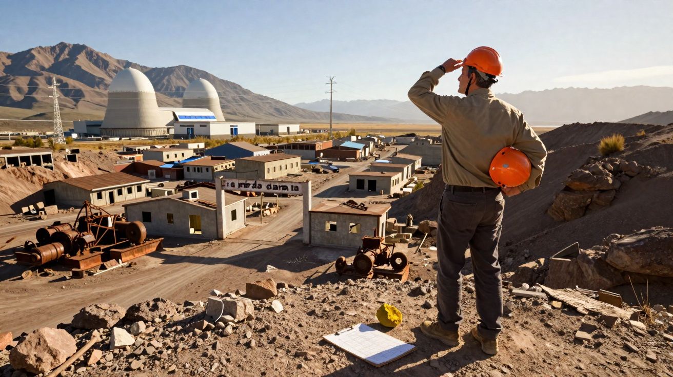 Homem com capacete laranja observa instalação industrial em zona montanhosa e árida durante o dia.