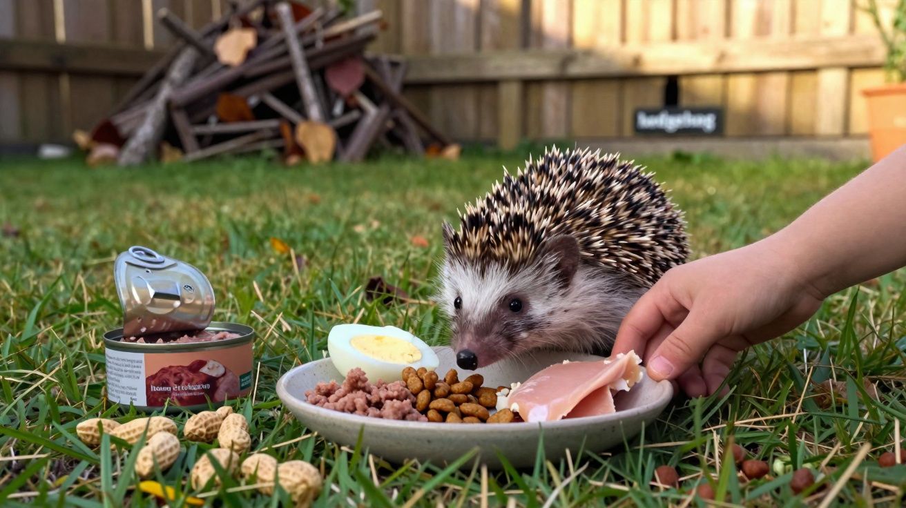 Ouriço numa relva perto de um prato com comida e uma mão humana a oferecer pedaço de presunto.