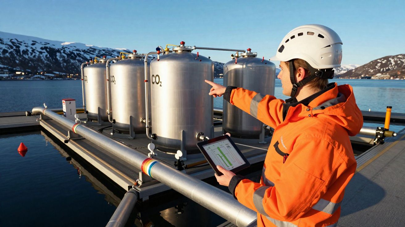 Técnico de segurança em colete laranja e capacete branco inspeciona tanques de CO2 junto ao mar e montanhas com neve.