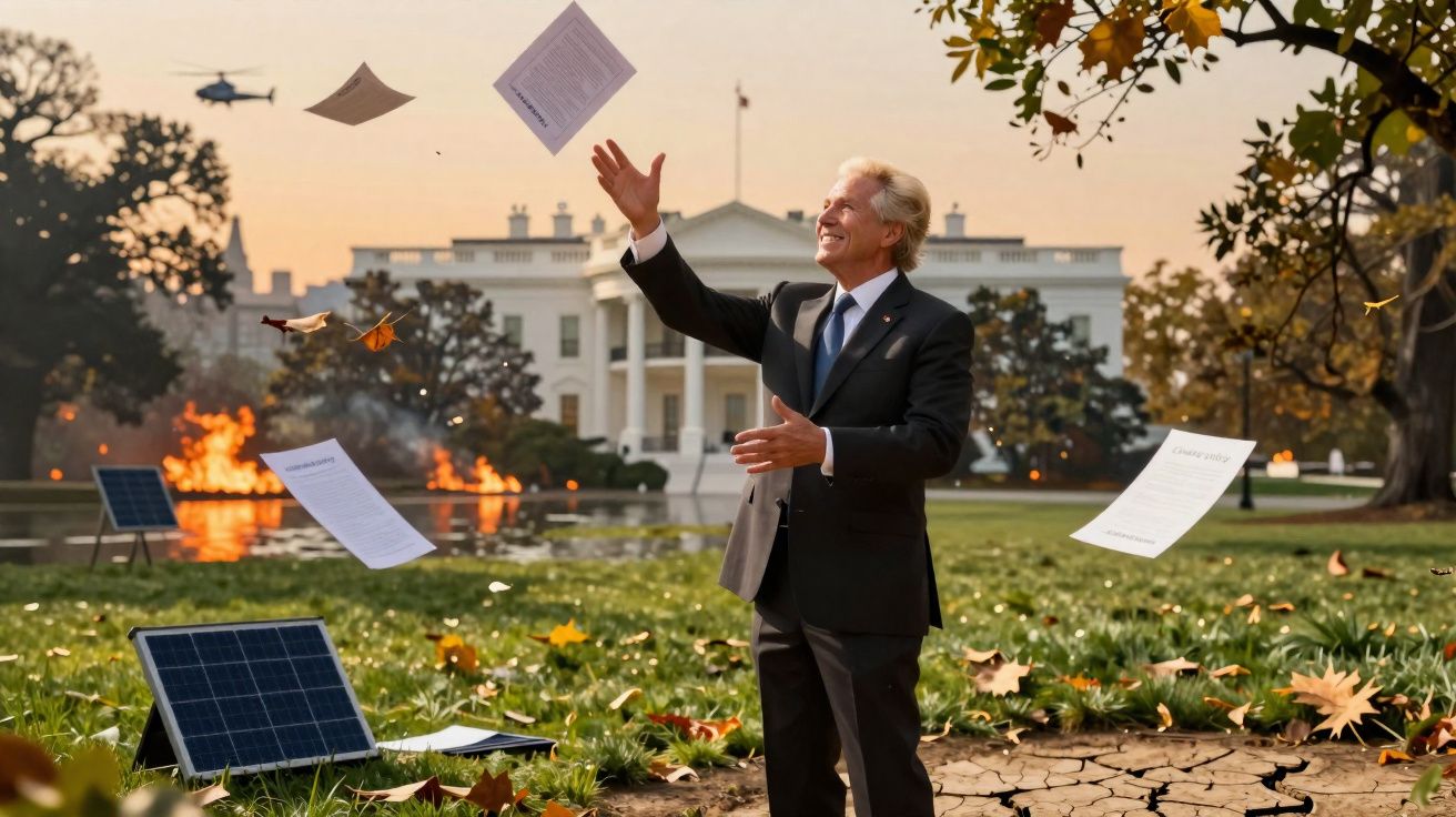 Homem de fato junto à Casa Branca a jogar papéis para o ar com painéis solares e fogo ao fundo.