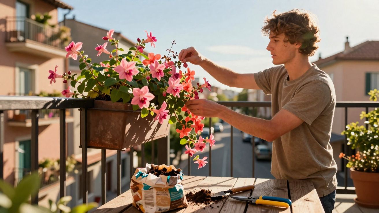 Jovem cuida de flores cor-de-rosa num vaso num terraço ao entardecer, rodeado por ferramentas de jardinagem.