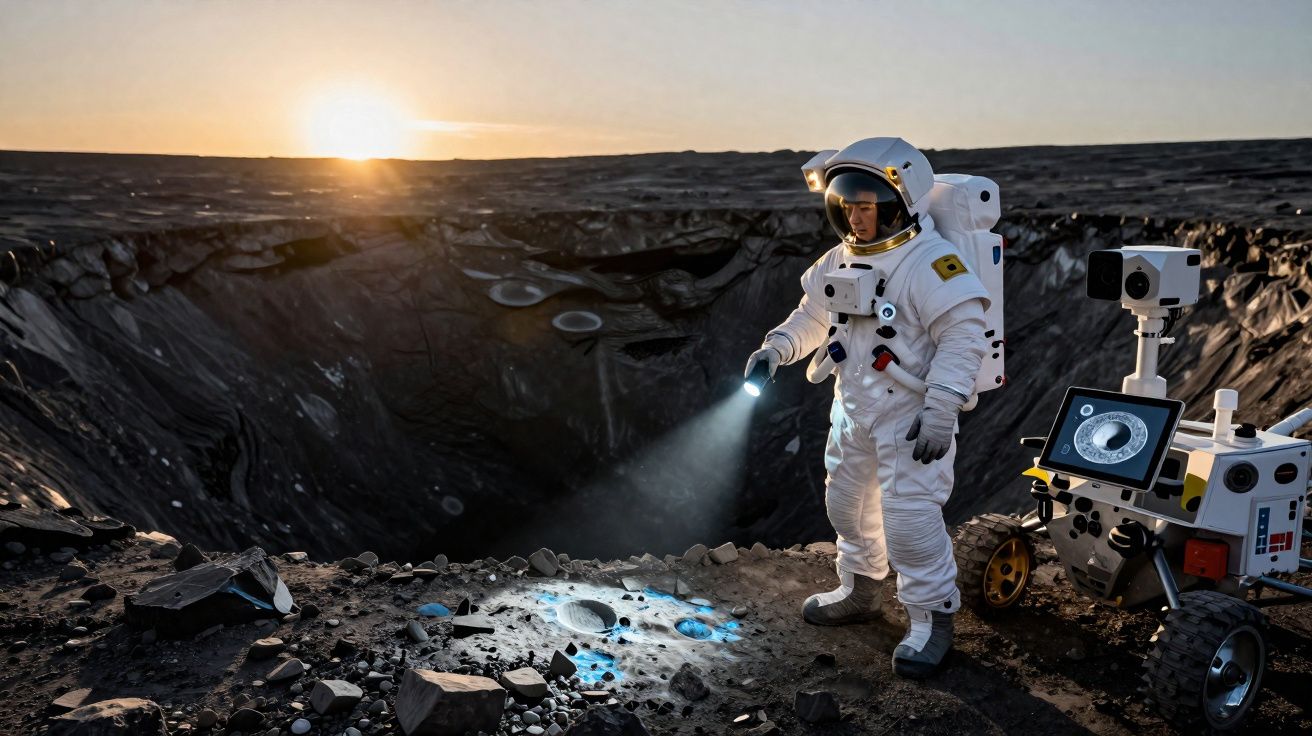 Astronauta com fato espacial e lanterna explora crateras numa paisagem rochosa ao pôr do sol, ao lado de rover.
