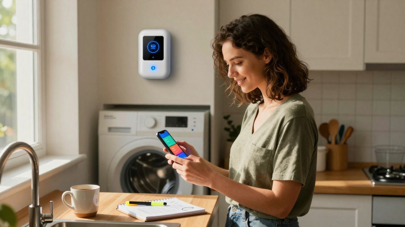 Mulher em cozinha moderna a controlar dispositivo inteligente com telemóvel junto a máquina de lavar.