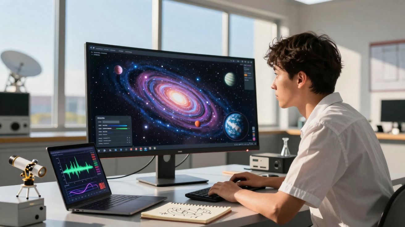 Jovem a analisar imagens do sistema solar num ecrã de computador numa sala iluminada por janelas grandes.