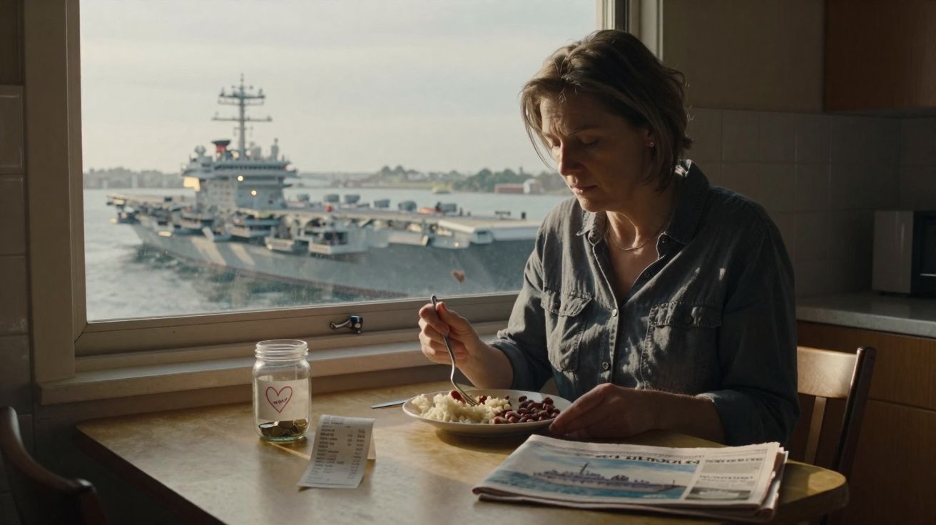 Mulher sentada a comer numa cozinha com janela que mostra um porta-aviões no mar ao fundo.