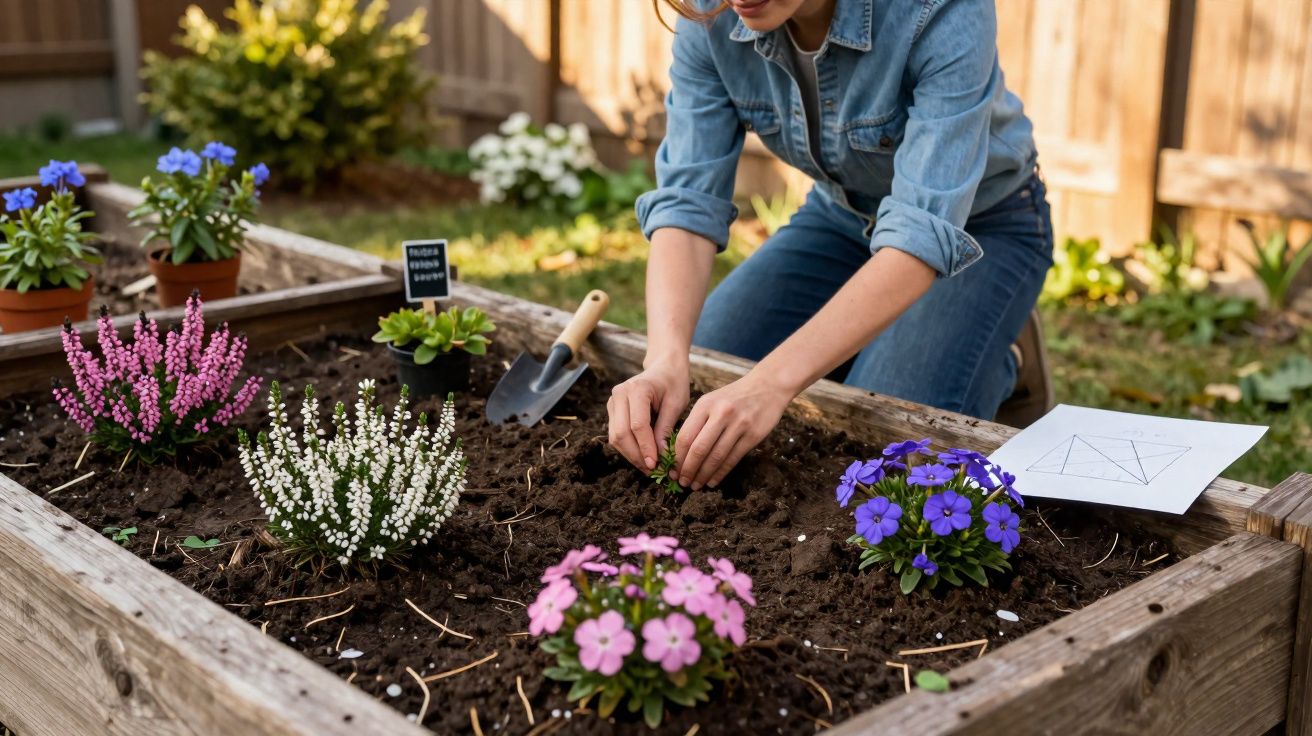 Pessoa a plantar flores numa jardineira de madeira num jardim, com várias flores coloridas ao redor.