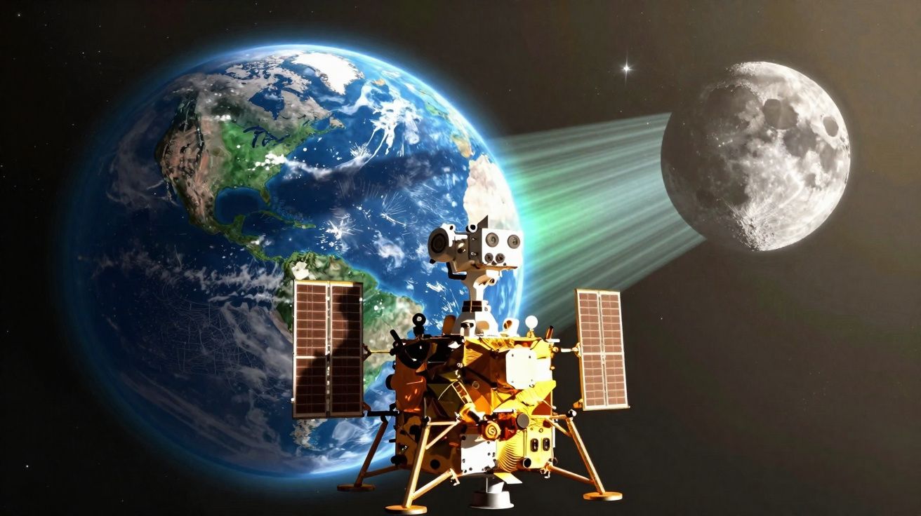 Sonda espacial a explorar a superfície da Lua com a Terra em segundo plano no espaço sideral.