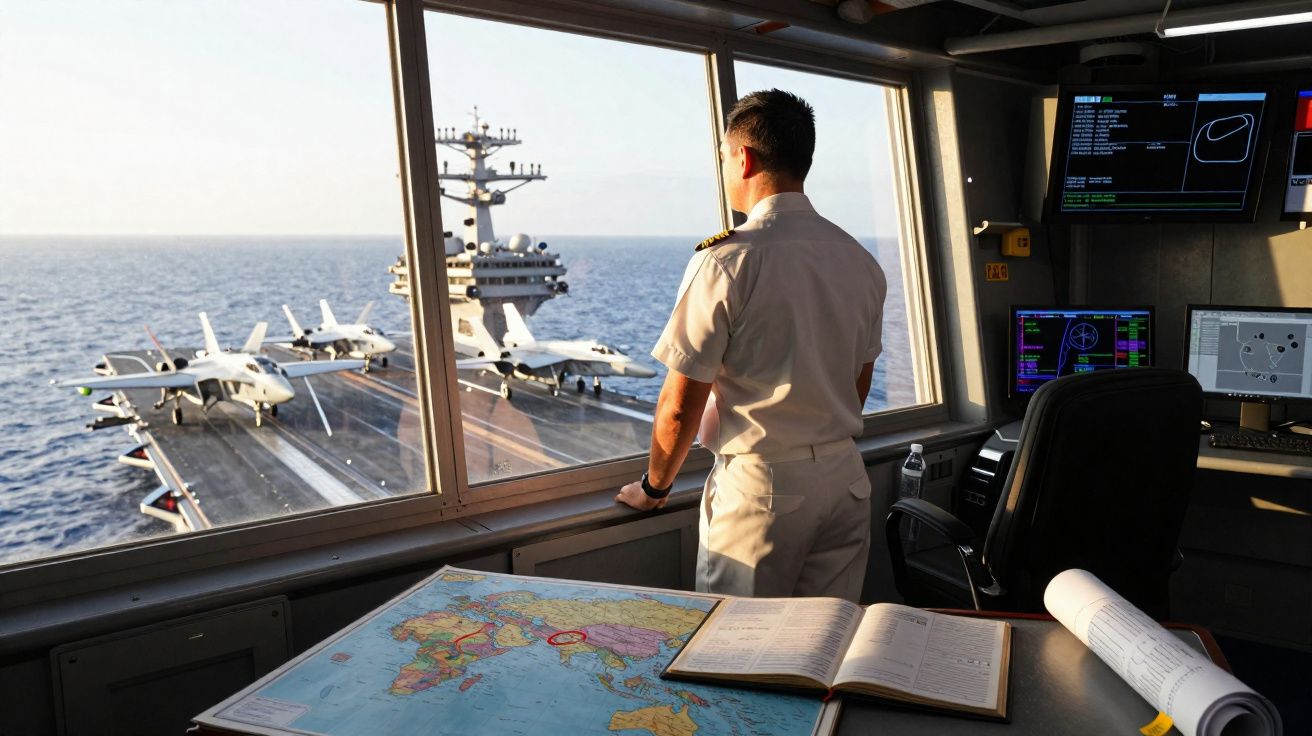 Oficial naval em uniforme a olhar para porta-aviões com aviões na pista, visto do interior da ponte de comando.
