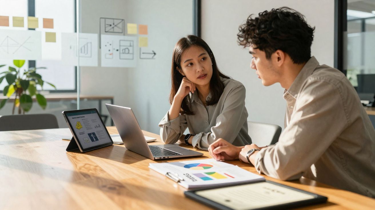 Duas pessoas em reunião de negócios numa mesa com computador portátil, tablet e gráficos coloridos.