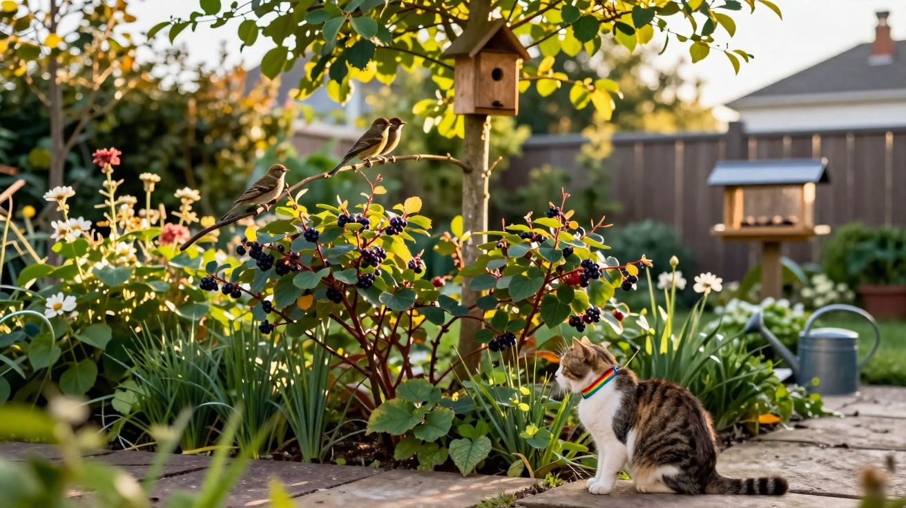 Gato de colar colorido observa pássaros em ramo no jardim florido com casinha de pássaros ao fundo.