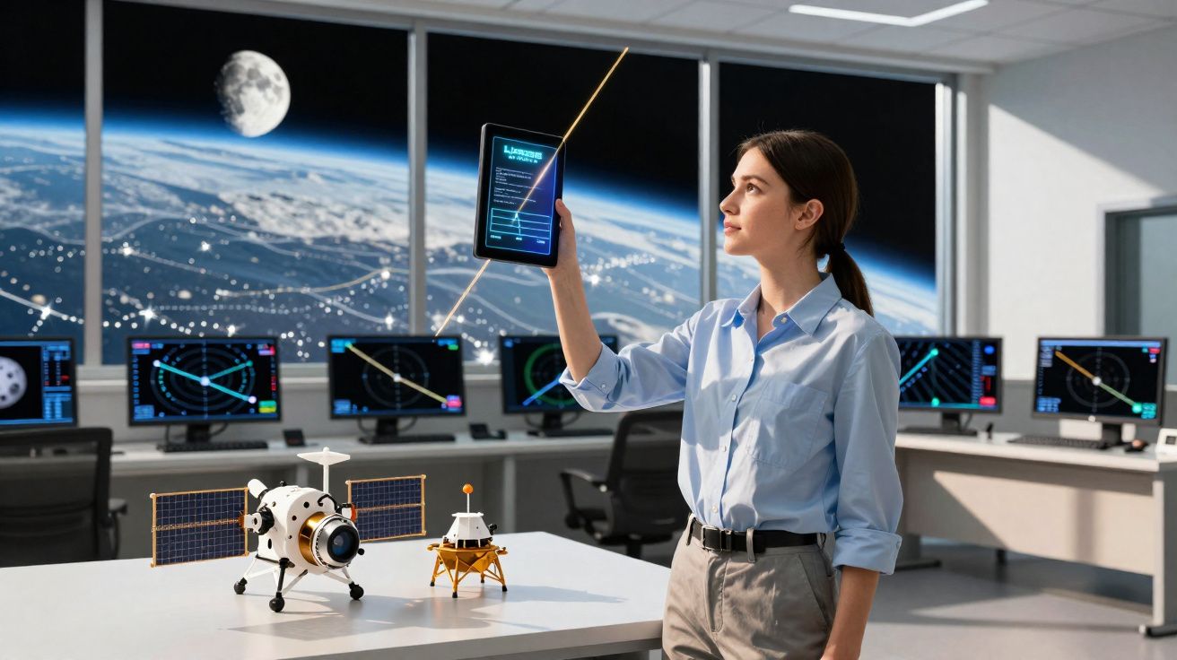 Mulher em centro de controlo espacial segura tablet com modelos de satélite e módulo lunar na mesa.