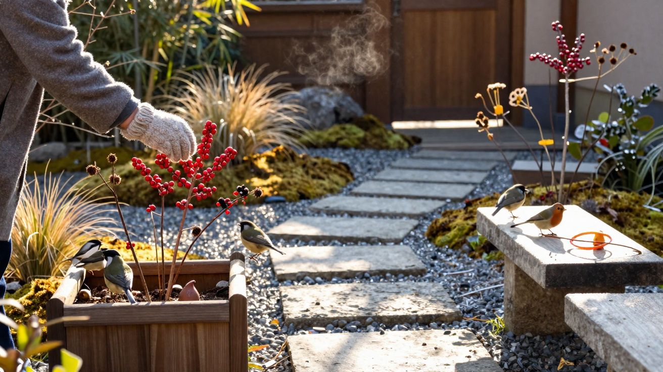 Pessoa de luvas pegando bagas vermelhas num jardim com vários passarinhos próximos a um caminho de pedra.