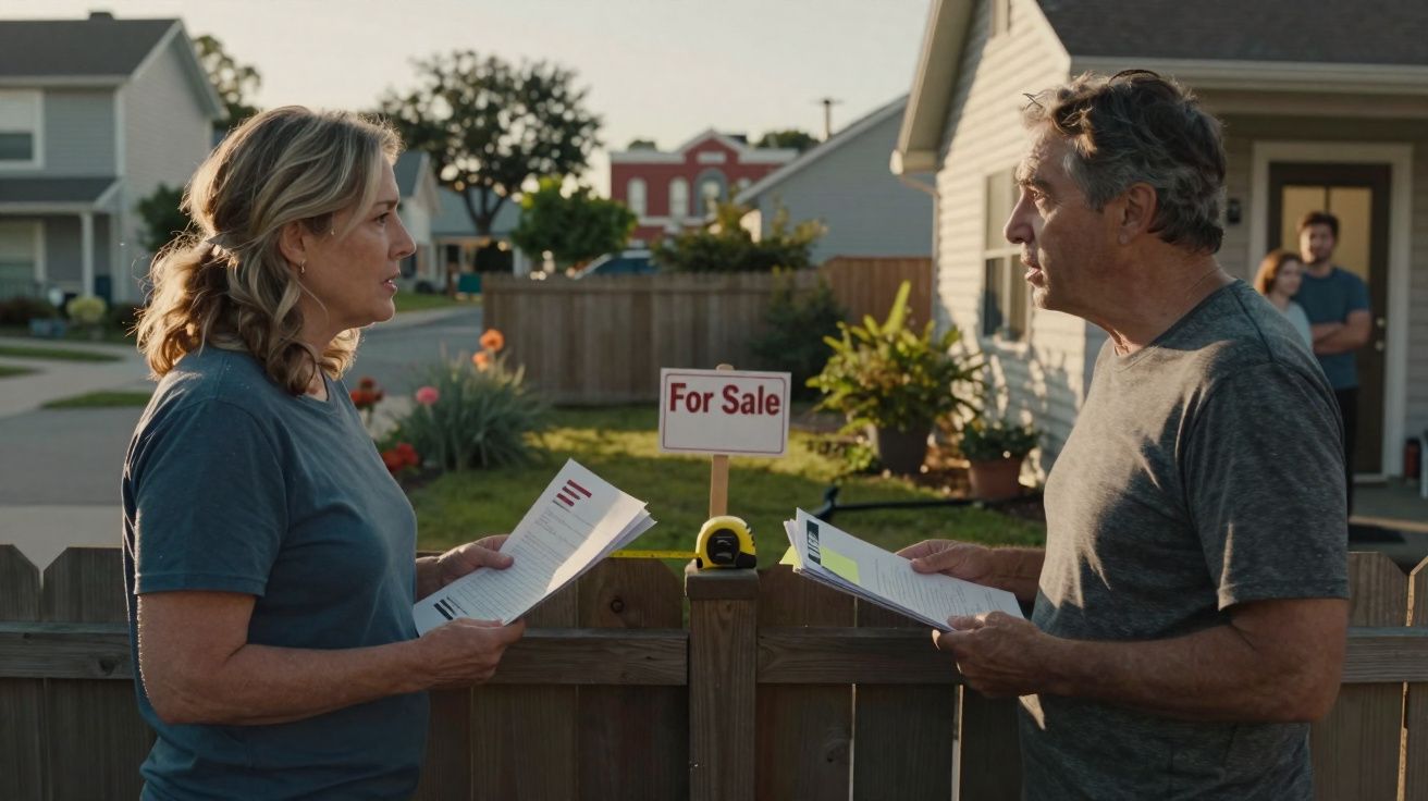 Homem e mulher frente a um portão com documentos na mão e placa de "For Sale" num jardim residencial.