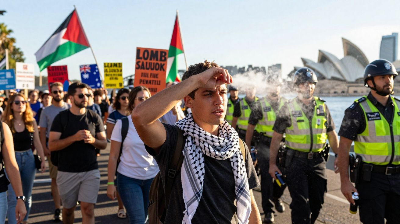 Manifestante com lenço palestino borrifando líquido no rosto durante protesto com bandeiras e polícia ao fundo na Austrália.