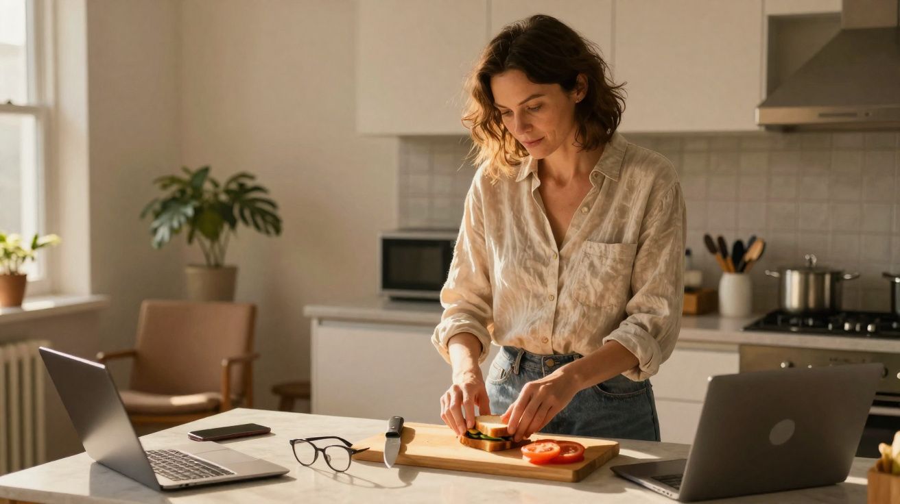 Mulher a preparar sanduíche na cozinha com dois portáteis e óculos na bancada.