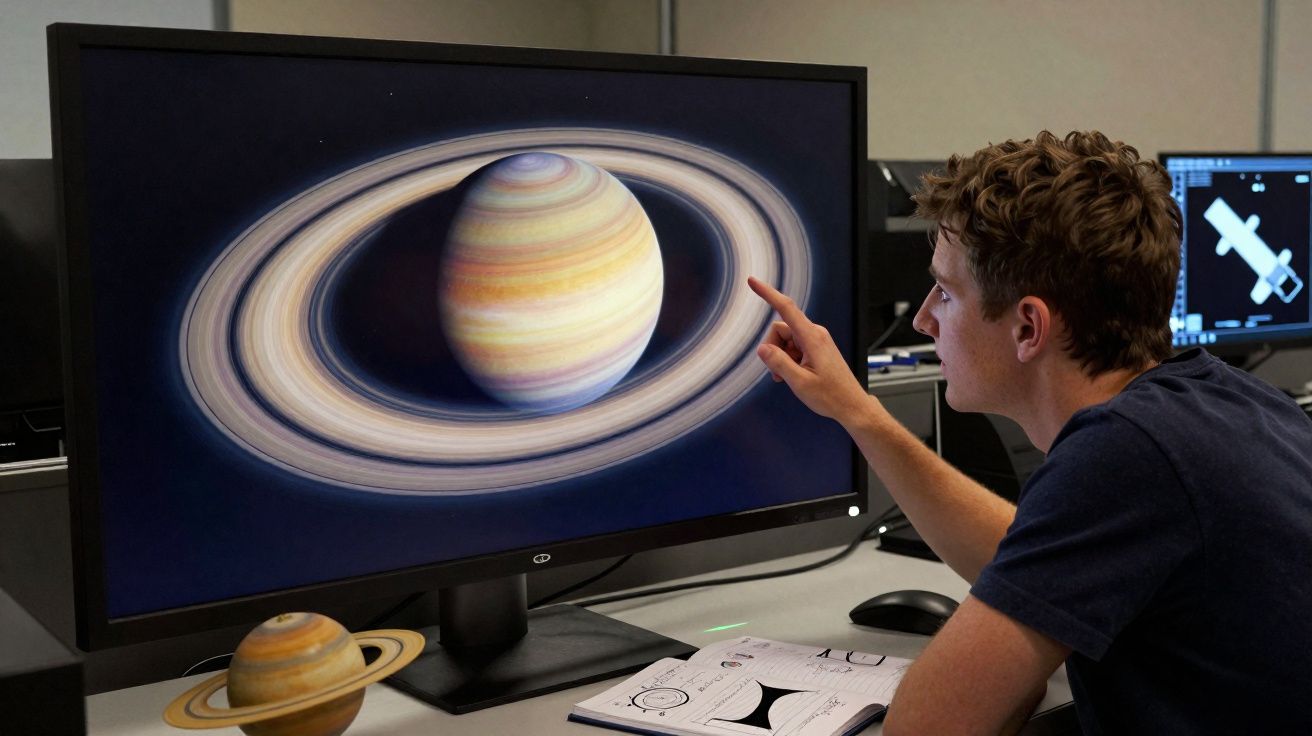 Jovem observa e aponta para imagem de Saturno num ecrã, com maquete do planeta e livro de astronomia na mesa.