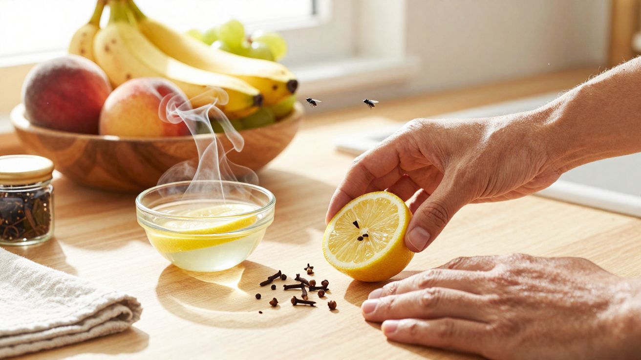Mãos a preparar limão com cravos para afastar moscas numa cozinha com frutas e luz natural.