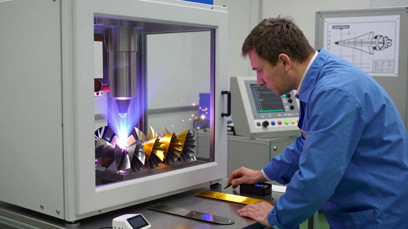 Homem a operar máquina industrial que processa peças metálicas em ambiente de fabrico tecnológico.