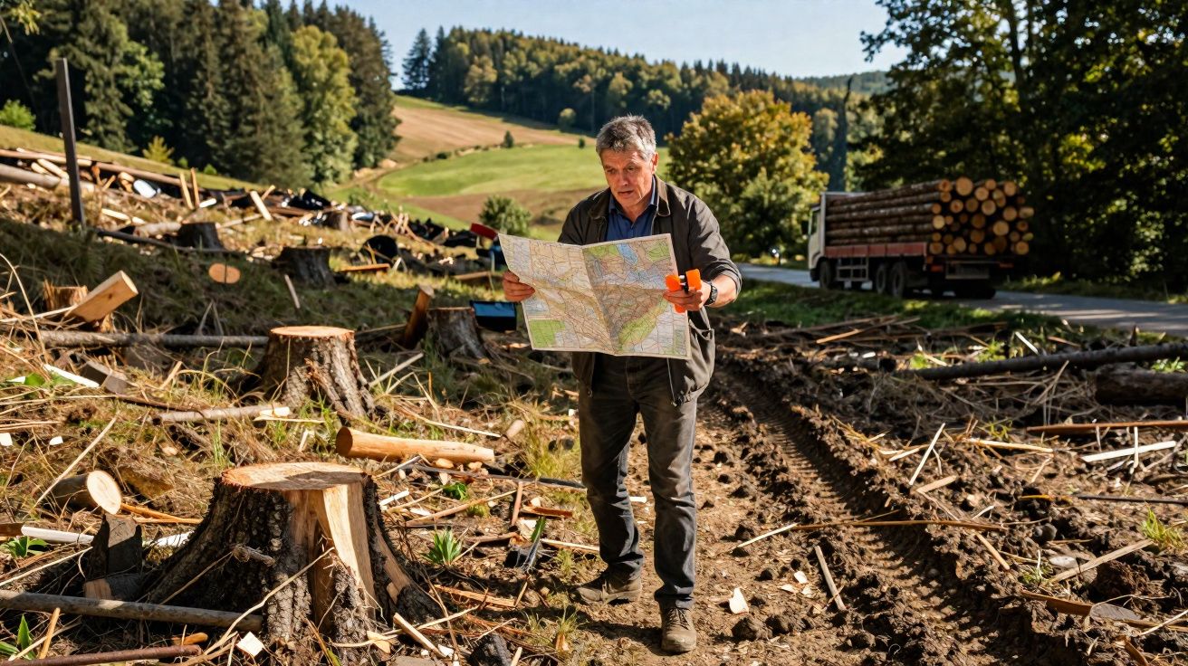 Homem a consultar um mapa numa área desmatada com troncos e caminhão carregado de madeira ao fundo.