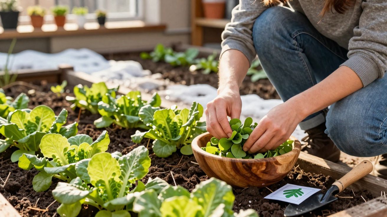 Pessoa a colher folhas verdes num cesto de madeira numa horta caseira com legumes crescidos.