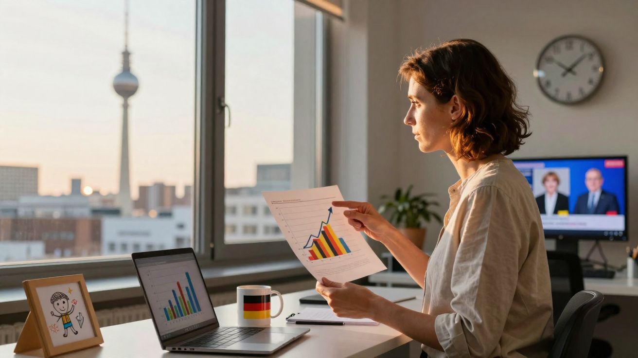 Mulher analisa gráfico colorido num escritório com computador e vista urbana ao pôr do sol.
