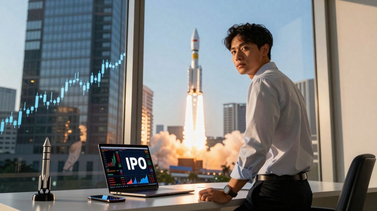 Homem no escritório com portátil a mostrar IPO e foguetão a ser lançado pela janela.