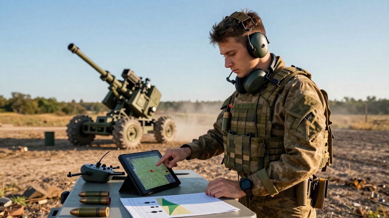 Soldado em equipamento militar a operar tablet num campo de treino com um canhão de artilharia ao fundo.