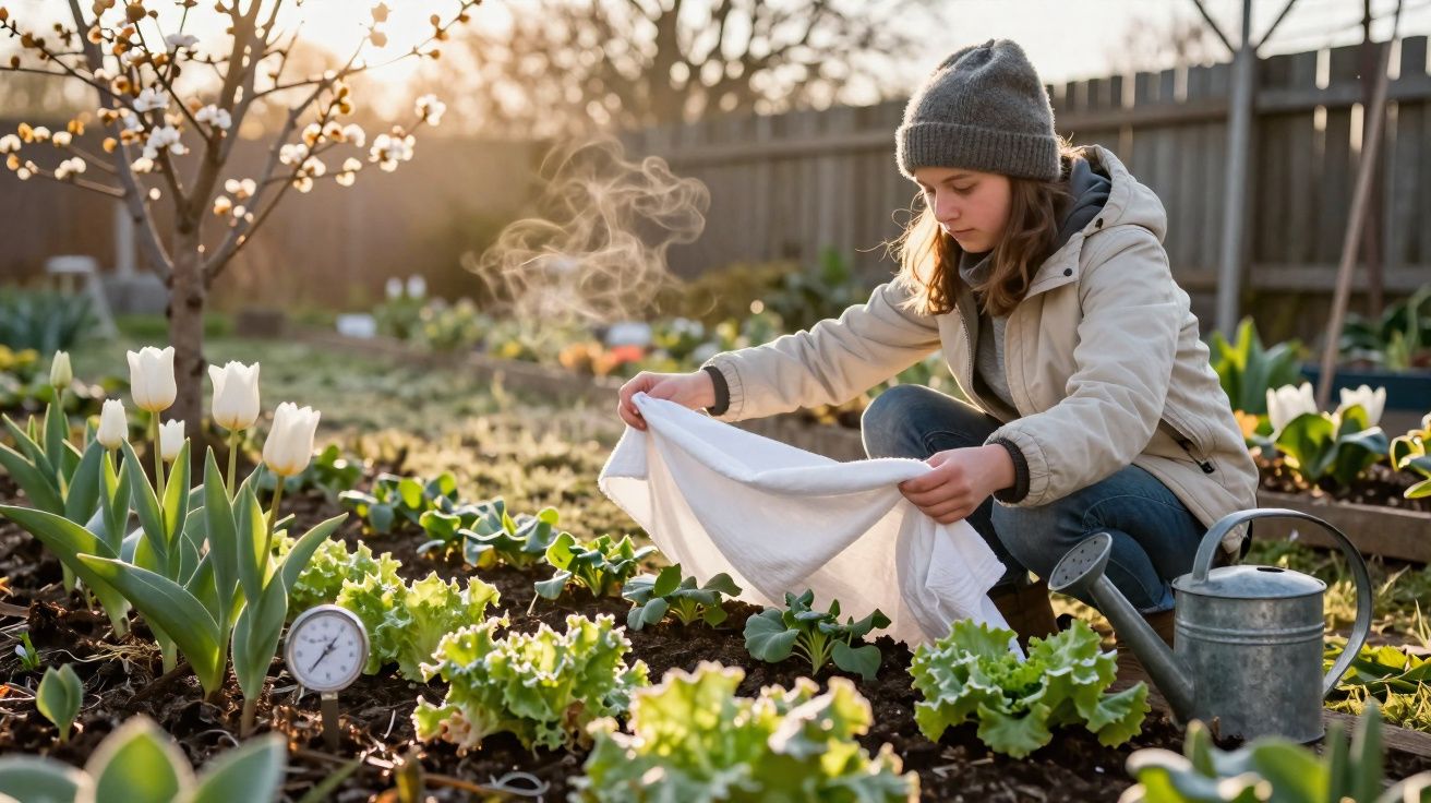 Mulher a proteger plantas com pano num jardim ao amanhecer, regador e termómetro presentes.