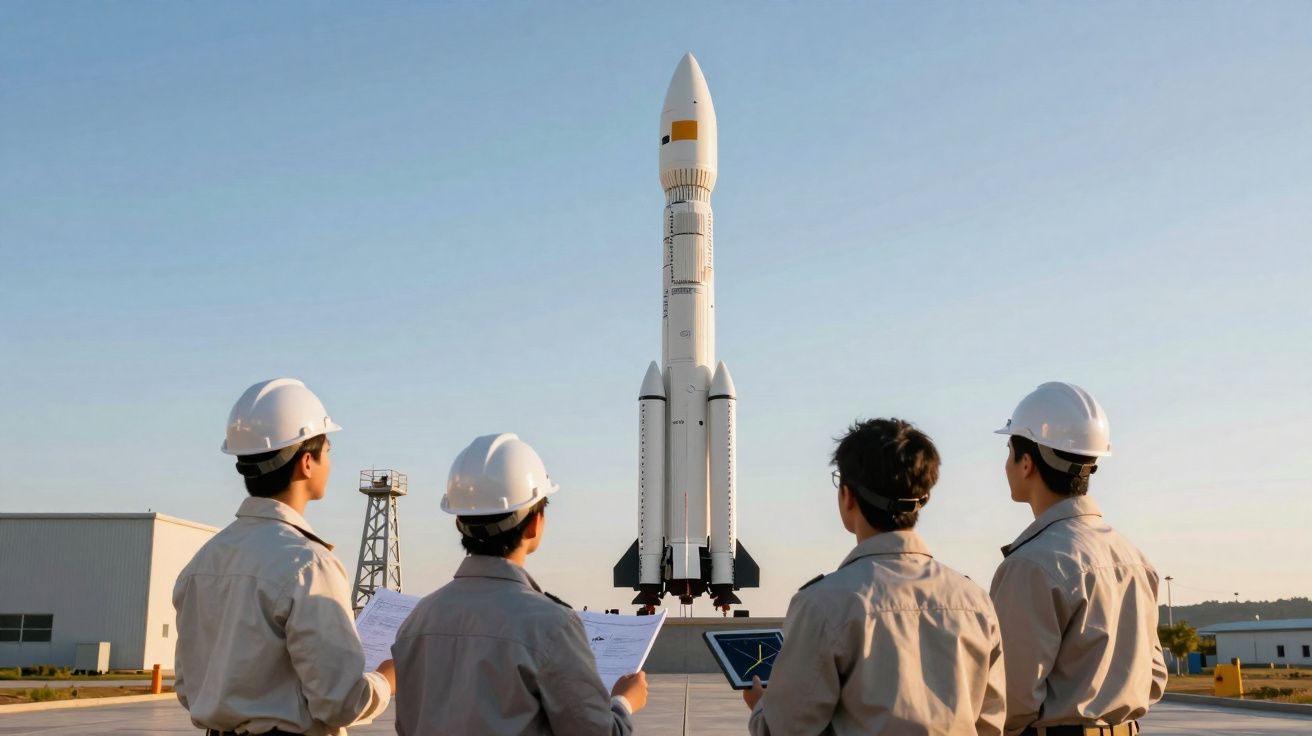 Quatro engenheiros de capacete observam um foguetão branco pronto para lançamento ao ar livre.