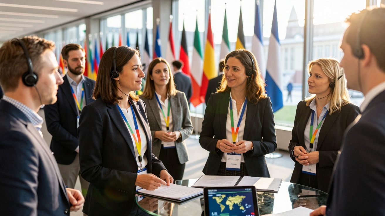Grupo de profissionais com auscultadores a discutir documentos num evento com bandeiras nacionais ao fundo.
