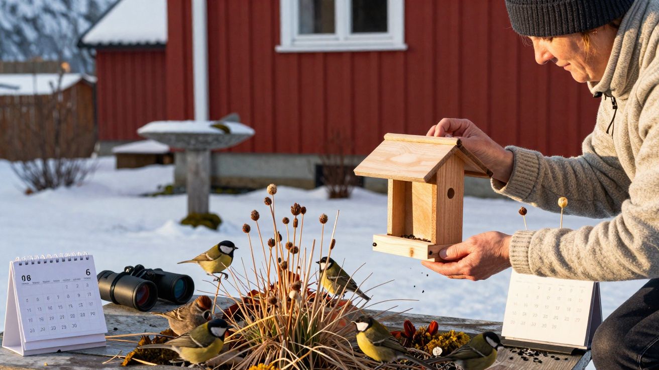 Pessoa a alimentar pássaros com comedouro de madeira numa mesa com binóculos e calendários, ambiente nevado.