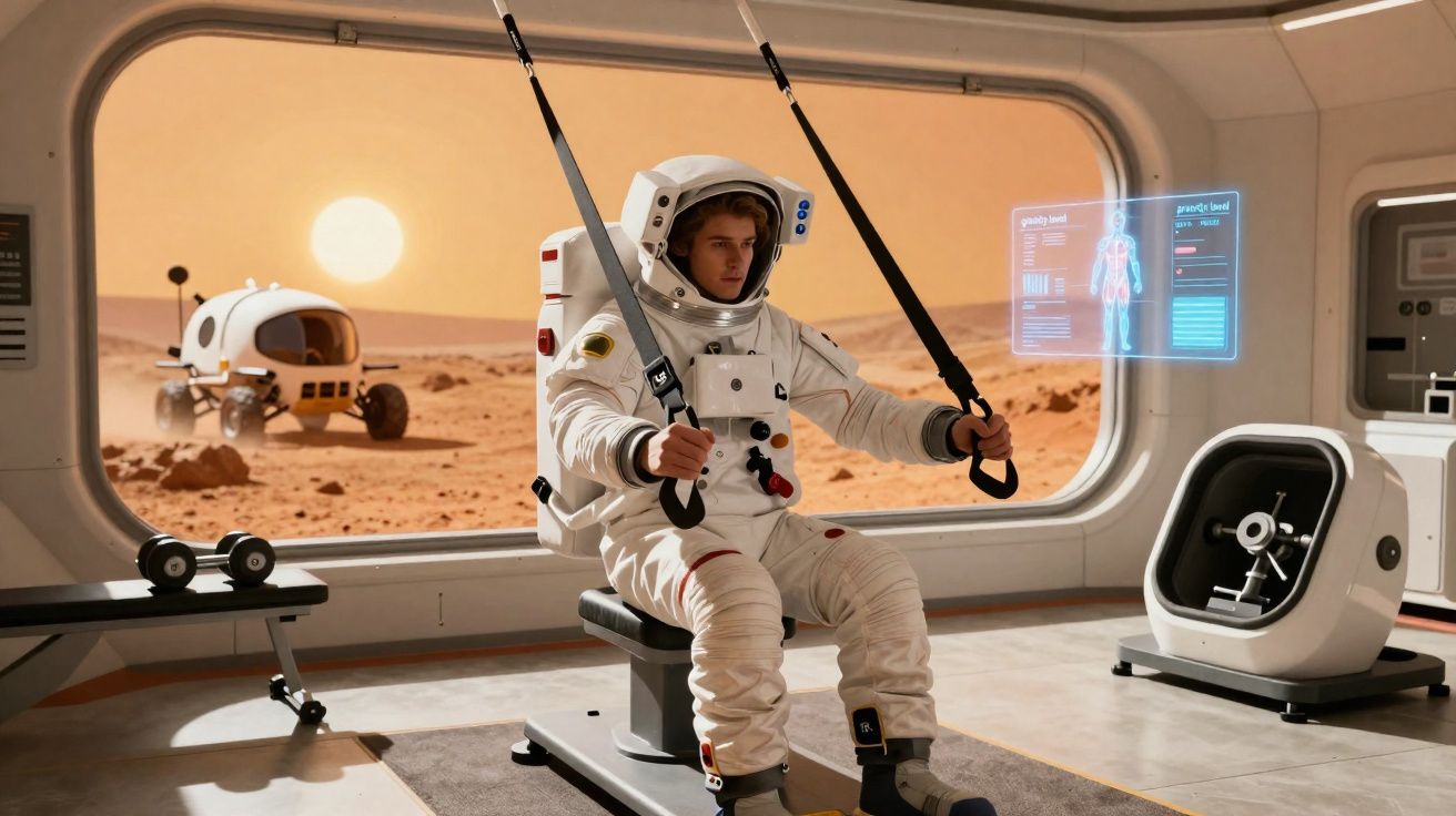 Astronauta a exercitar-se numa sala de treino em Marte, com veículo espacial visível através da janela.