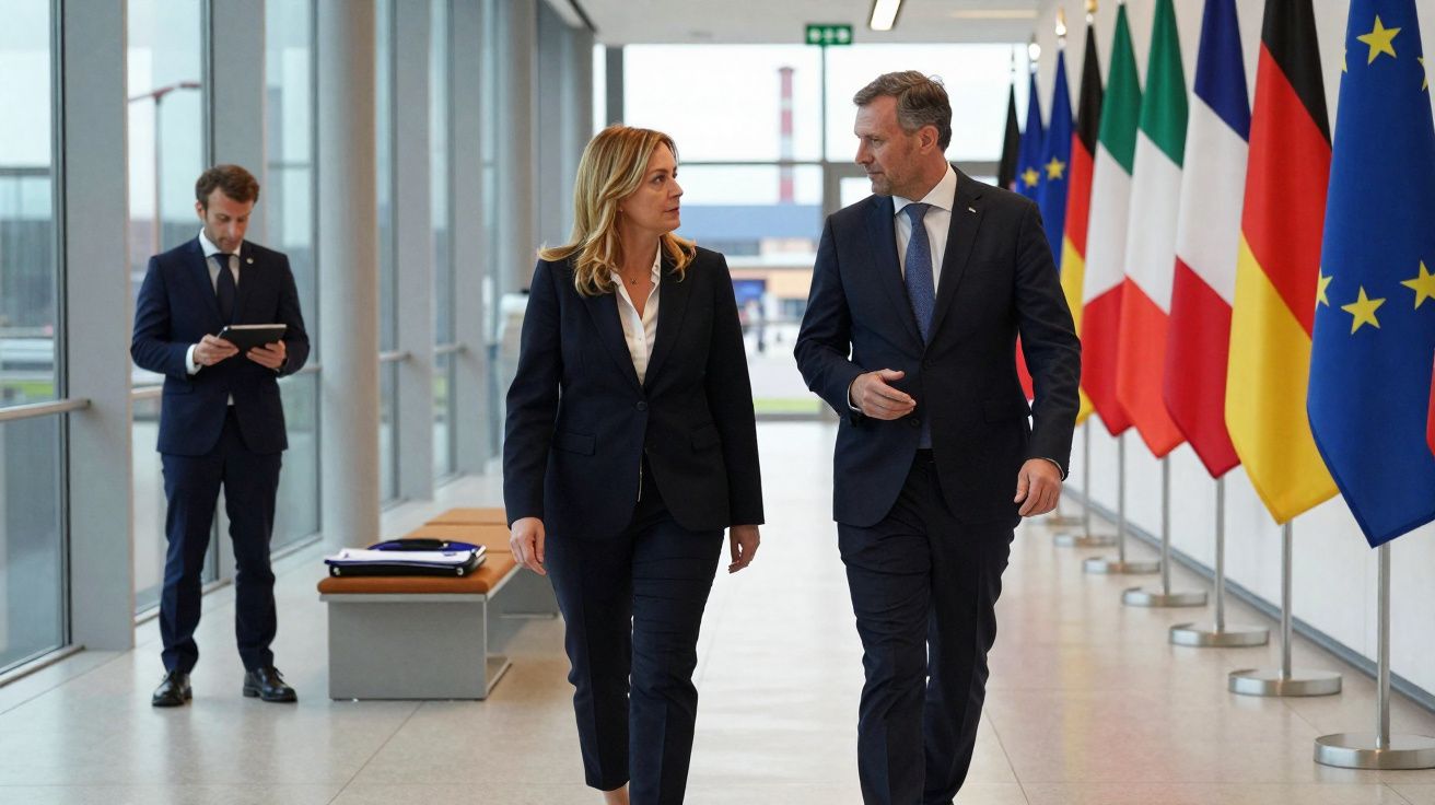 Dois diplomatas a caminhar e conversar num corredor com várias bandeiras europeias ao fundo.