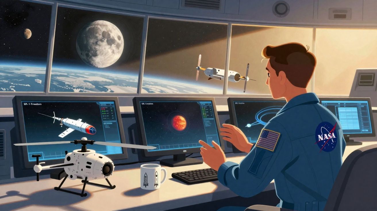 Astronauta da NASA em comando no espaço com vista da Terra, Lua e satélites através da janela.